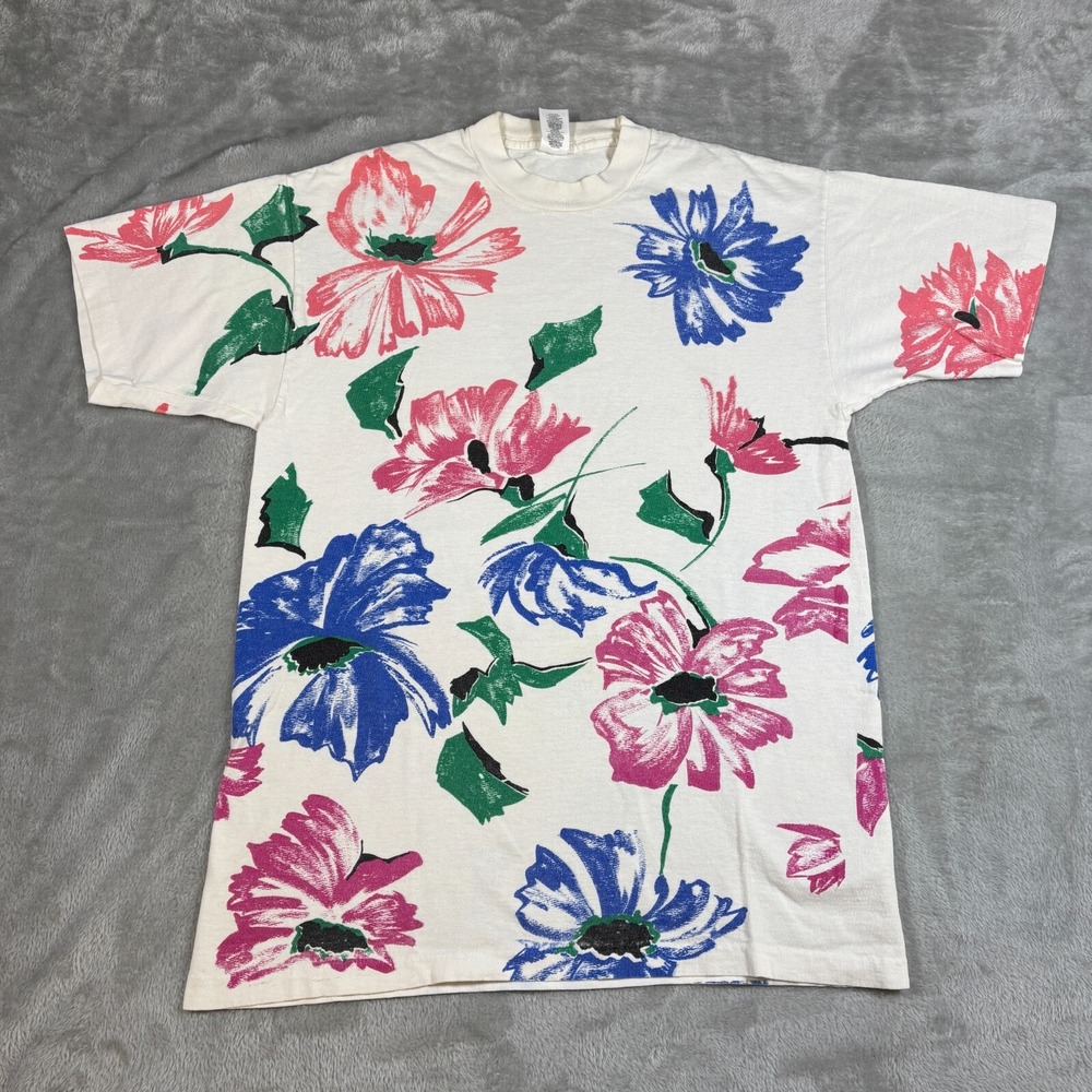 Vintage Floral All Over Print Shirt Women Small Medium White Danskin AOP Flower